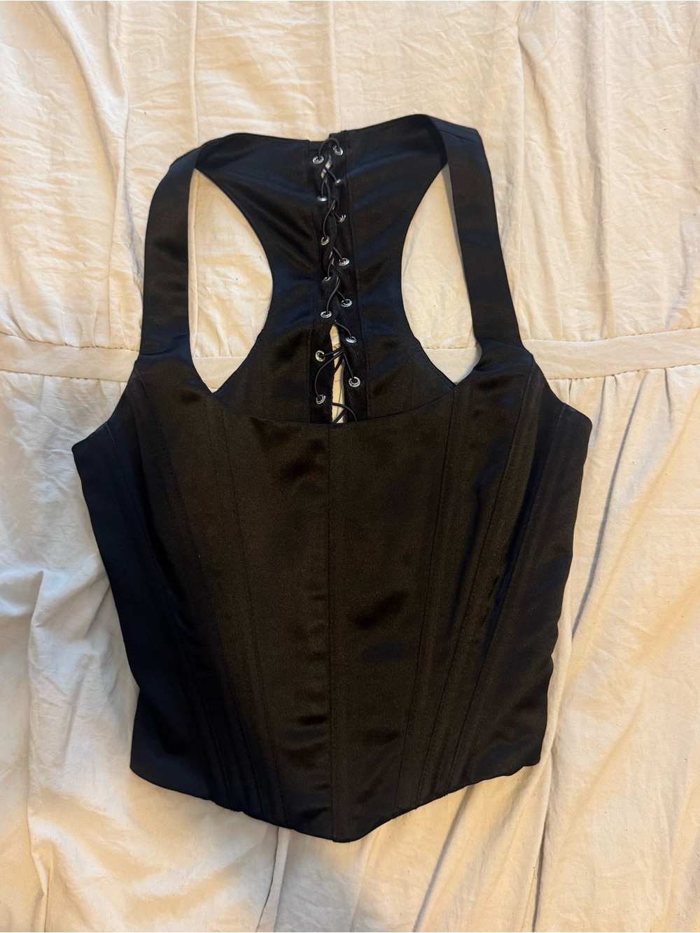 I.AM.GIA Satin Black Lace-Up Corset Crop Top